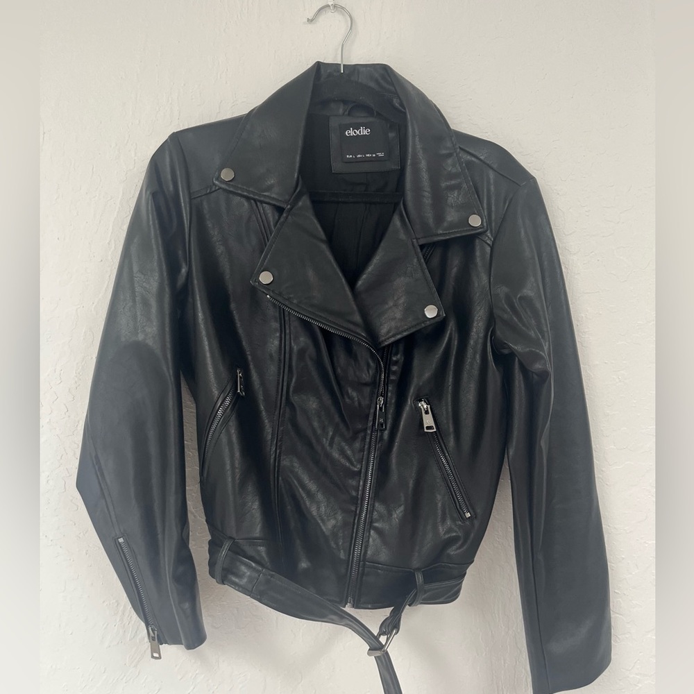Black faux leather jacket.